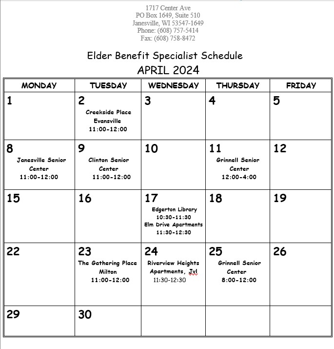 April Elder Benefit Specialist Schedule