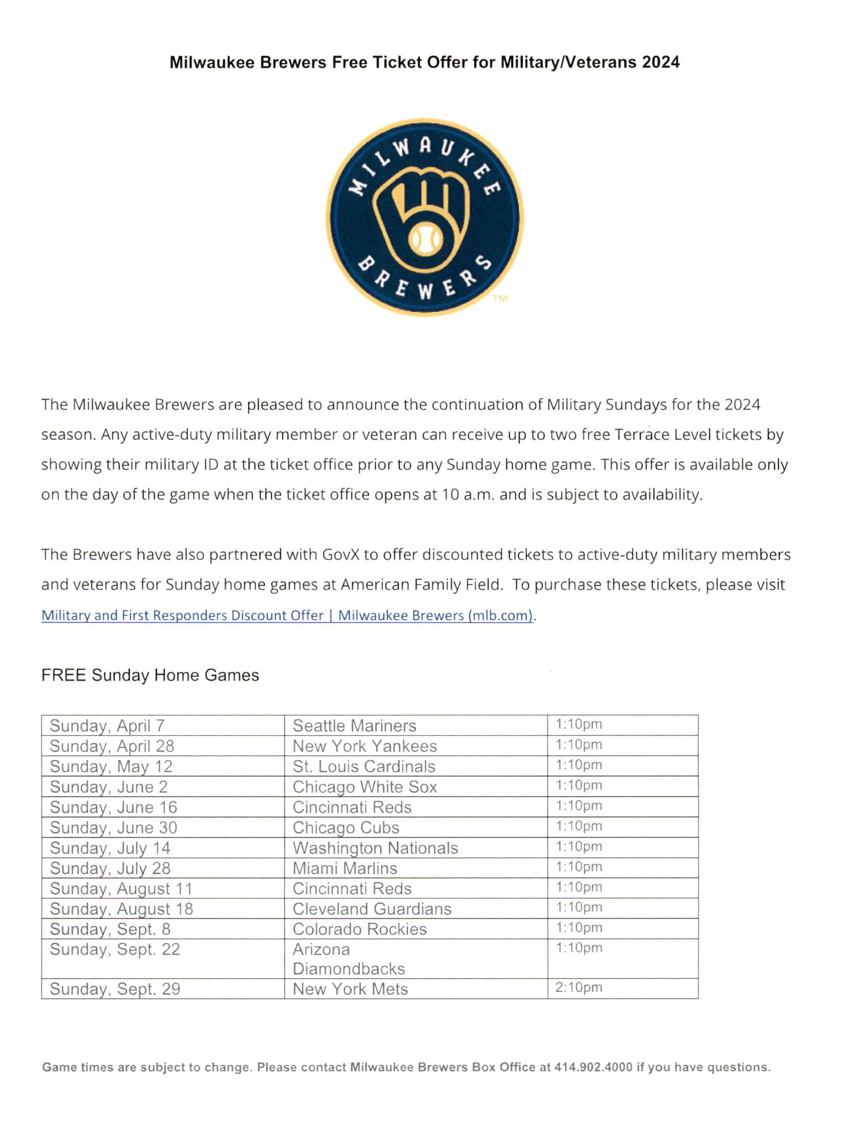 2024 Free Brewers Tickets
